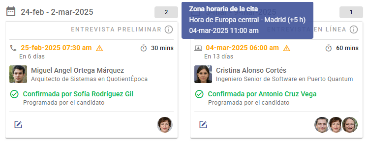 Tarjeta de actividad - zona horaria distinta