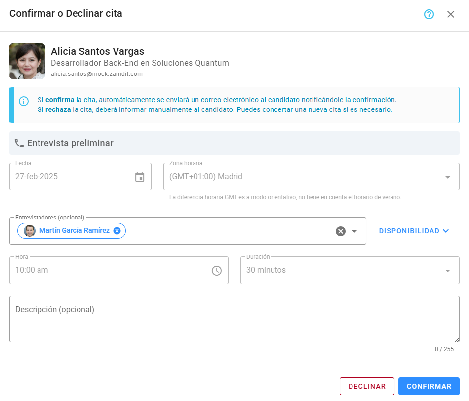 Confirmar o rechazar cita