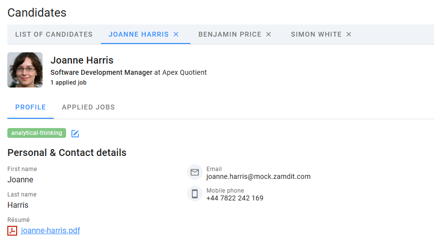 Candidate details in new tabs