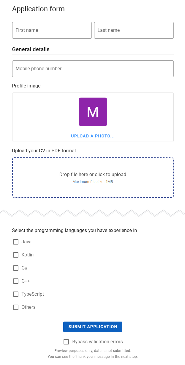 Application form template preview - form