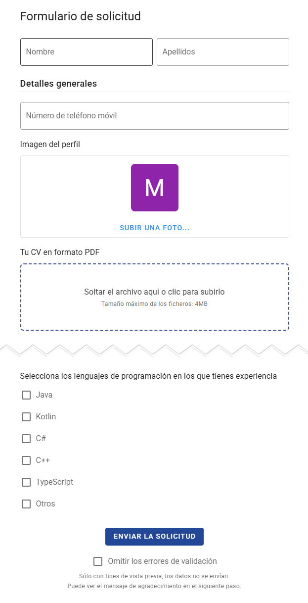 Vista previa del formulario de solicitud - formulario
