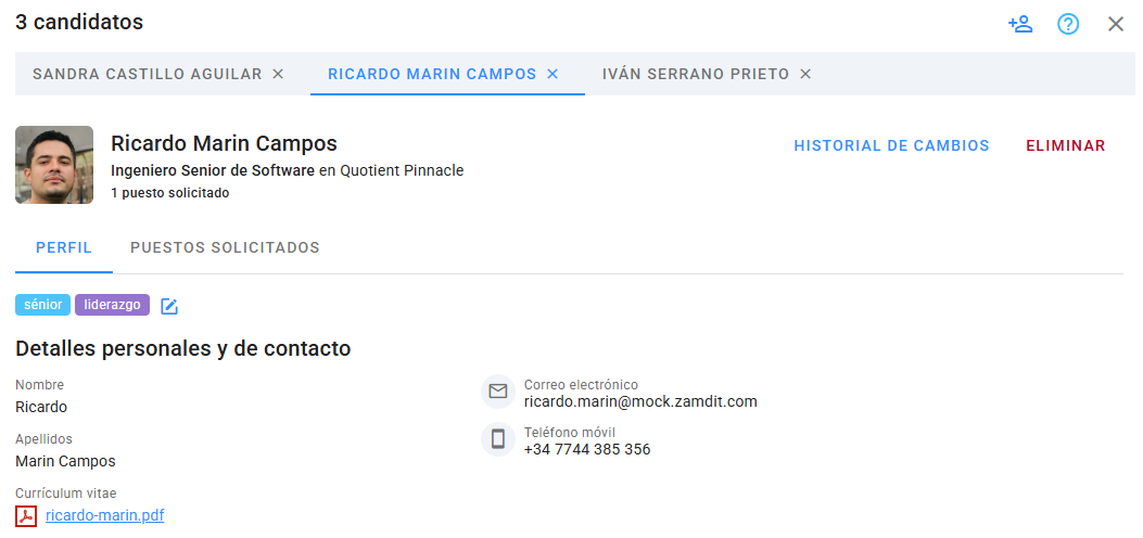 Detalles de candidatos en una ventana emergente