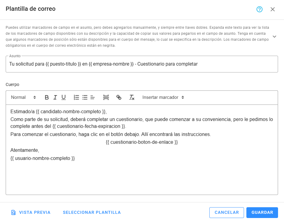 Editar plantilla de correo a candidatos