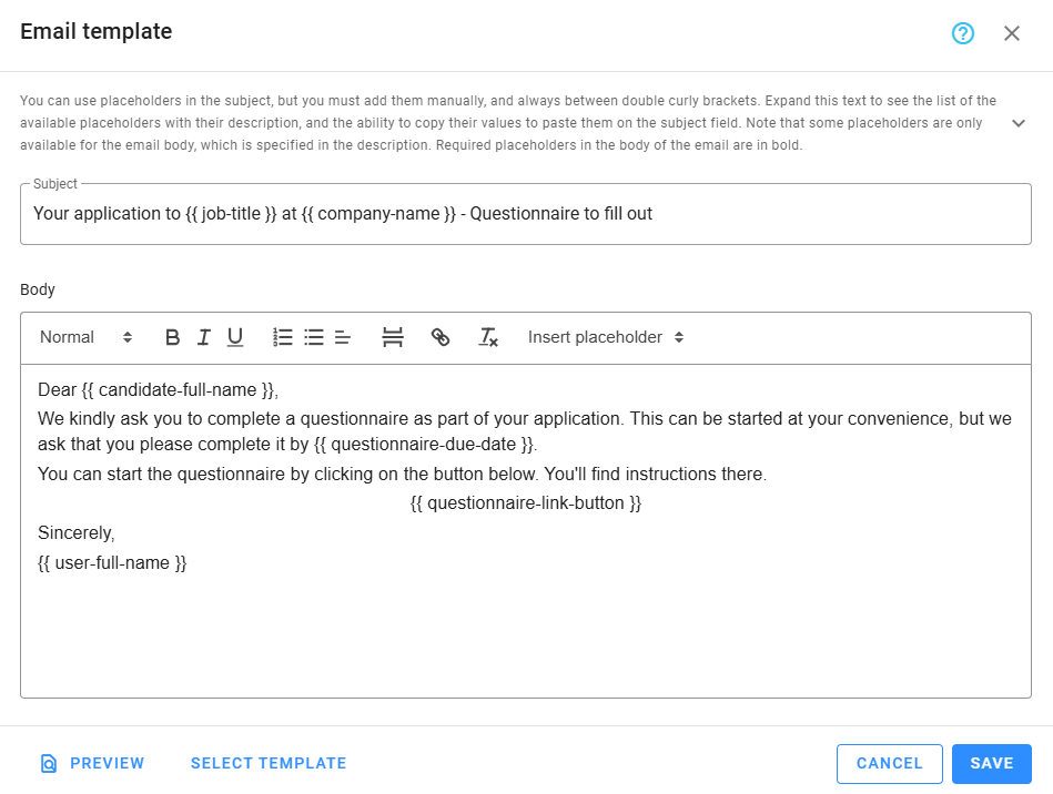 Editing candidate email template