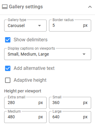Settings for Carousel Galleries