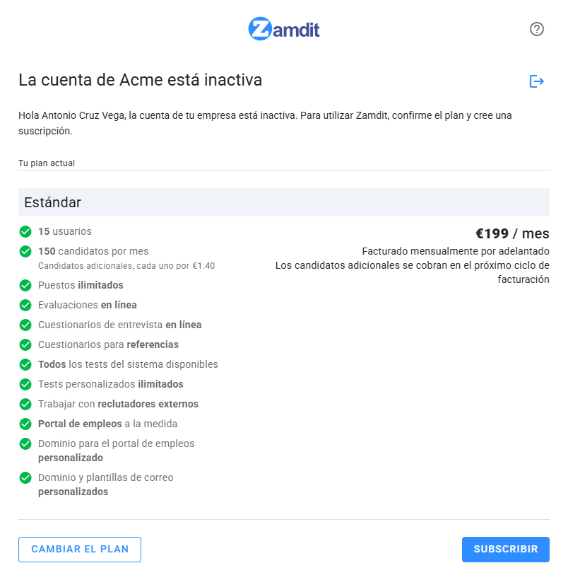 Vista de propietario de cuenta inactiva