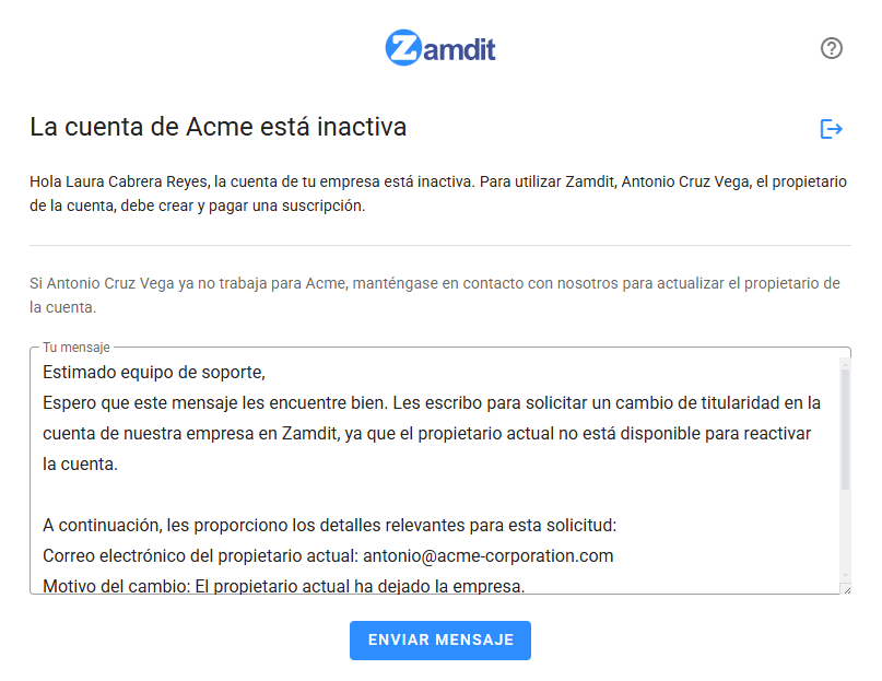 Vista de usuario inactivo