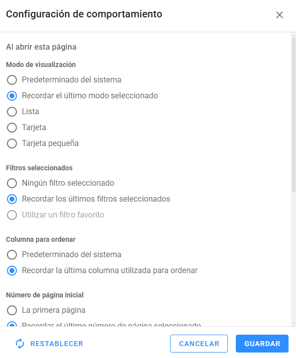 Configuración de Comportamiento