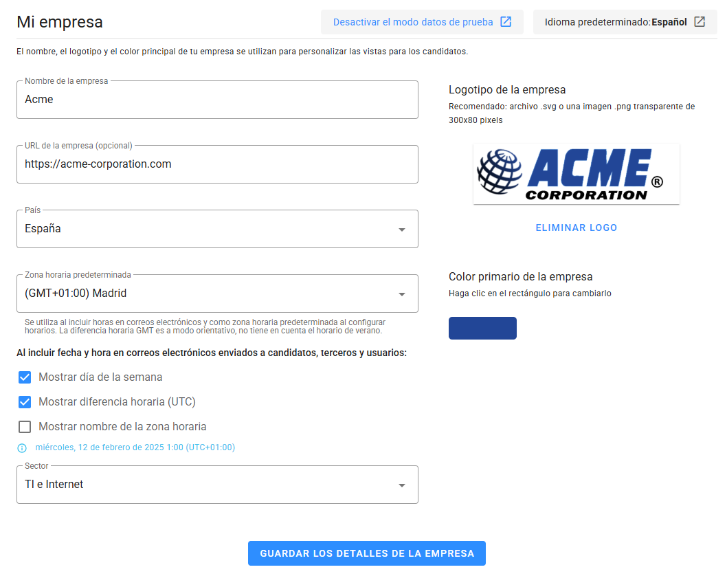 Formulario de detalles de la empresa