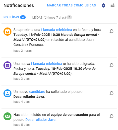 Notificaciones no leídas y leídas