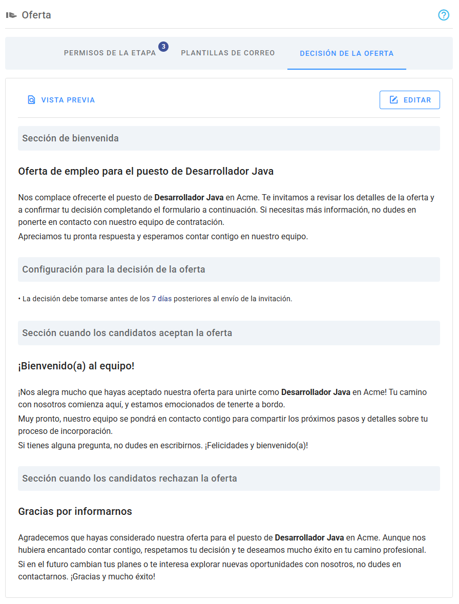 Resumen de decisión de oferta