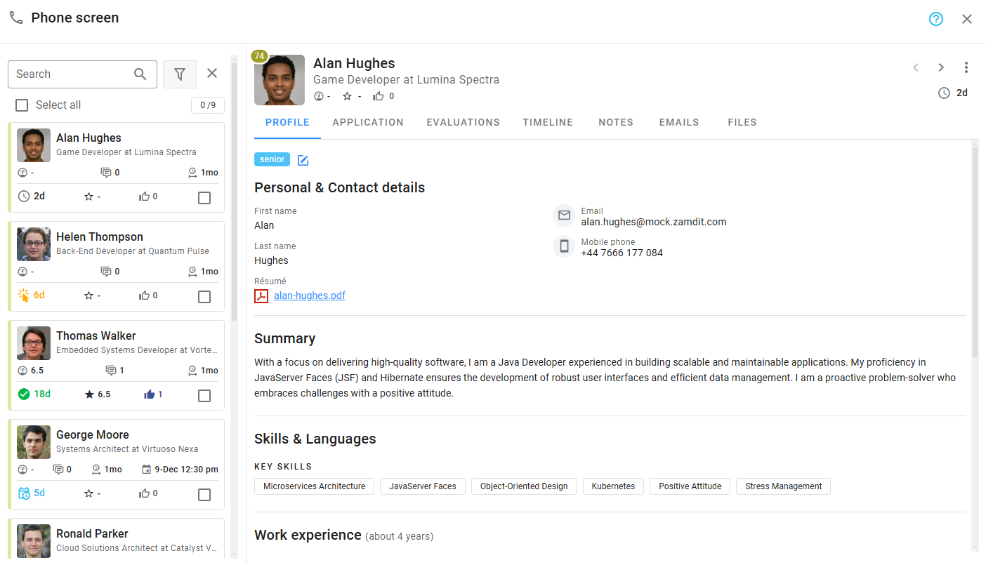 Candidate Details with List Panel