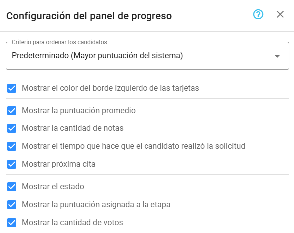 Configuración del panel de progreso