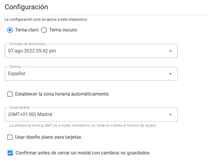 Sección Configuración