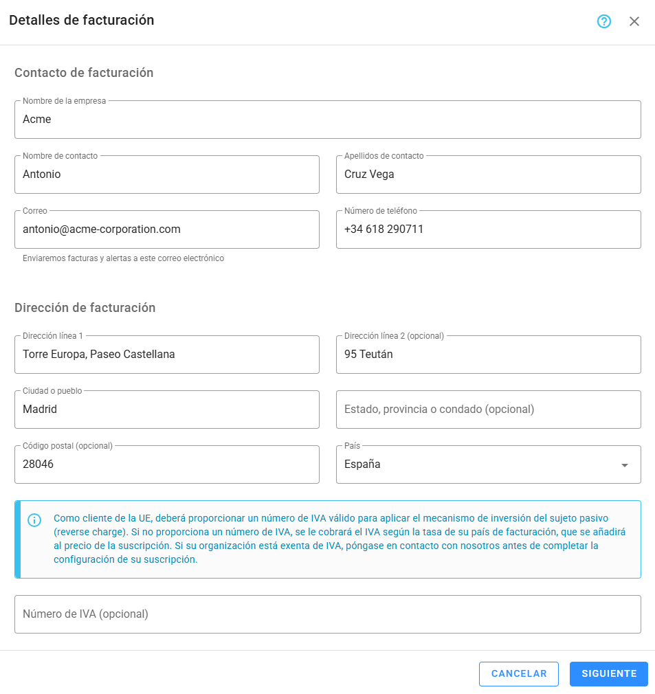 Detalles de facturación