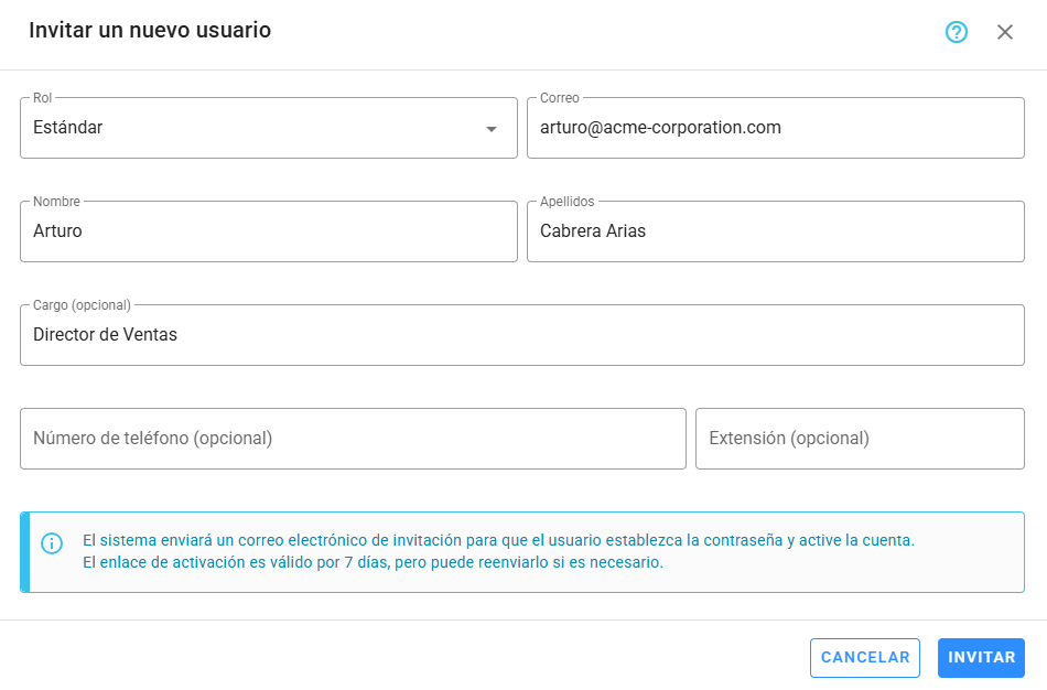 Formulario de invitación de usuario